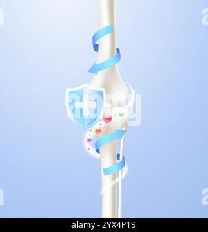 Vitamintherapie und Knochenschutz. Kniegelenk mit Schild. Konzept medizinische Leistungen, Lebensmittel und Vitamine für Gelenke. Stock Vektor