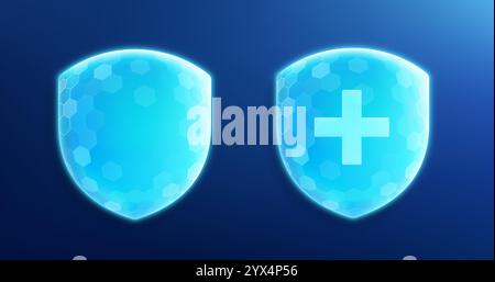 Power Energy Shield mit Kreuz. Konzept der Privatsphäre, des Datenschutzes und der Sicherheit, der Cyberabwehr. Stock Vektor