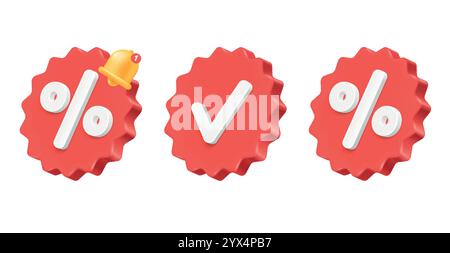 Satz runder 3D-Tags mit Prozentsätzen und Häkchen. Rote Etiketten für Sonderangebote, Banner, große Verkaufsabzeichen. Stock Vektor