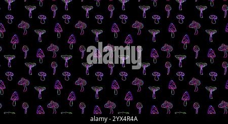 Fantasy Pilze nahtloses Muster. Linienart lustige Blumenelemente. Pilztapete im Stil der 1960er oder 1970er Jahre in Neonpink und Grün. Vektor Stock Vektor