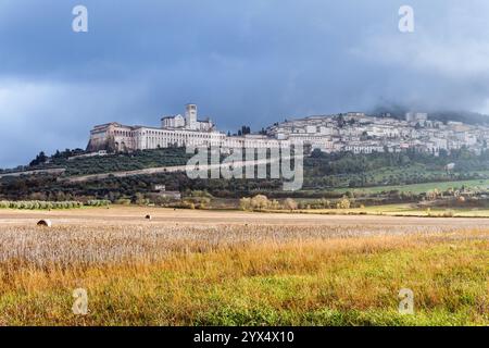 Panoramablick auf die Stadt auf dem Hügel Assisi und die Basilika St. Franziskus mit Roggenfeld im Vordergrund an einem bewölkten Tag in Umbrien, Italien. Stockfoto