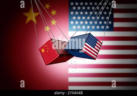 USA China Zollkonflikt als US-amerikanischer und chinesischer Handelskrieg oder amerikanische Zölle als zwei gegensätzliche Frachtcontainer als internationaler Wirtschaftsstreit Stockfoto