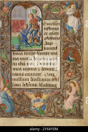 Gebetsbuch von Karl dem Kühnen, 1469, um 1471 und um 1480-1490. Zusätzliche Informationen: Dieses kleine Gebetsbuch, das etwa fünf mal dreieinhalb Zentimeter groß ist, zieht den Betrachter in die intime Betrachtung sowohl seines Textes als auch seiner Bilder ein. Das Buch enthält lateinische Gebete, die Christus, der Jungfrau und den Heiligen gewidmet sind, und ist bemerkenswert mit siebenunddreißig großen Miniaturen, mehreren kleineren Miniaturen und Verzierungen auf jeder Seite verziert. Die größten Miniaturen sind auf der längsten Seite nur etwa 3 Zoll groß, aber sie sind unglaublich detailliert, oft mit tiefen Panoramafeldern fra Stockfoto