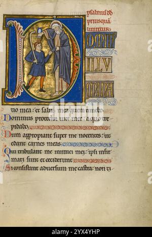 Initial D: Samuel Salbung David; Psalter, nach 1205. Weitere Informationen: Samuel, ein im ganzen Land bekannter Prophet, gießt Öl aus einer Flasche über den Kopf des jungen David, der so eilig von den Feldern, wo er Schafe pflegte, gerufen wurde, dass er noch immer den Hirtenbeuger greift. Davids Salbung signalisierte die besondere Rolle, die er in Zukunft als König von Israel spielen würde. Das Bild, das Psalm 26 einführt, wurde von dem Titel des Psalms inspiriert, „der Psalm Davids vor seiner Salbung“. Stockfoto