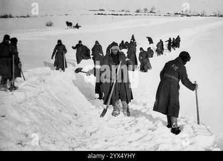 Russland 1942, Winter, Februar März: Deutsche Soldaten und russische Kriegsgefangene schaufeln Schnee in der Nähe von Makarova bei Rzhev. [Automatisierte Übersetzung] Stockfoto