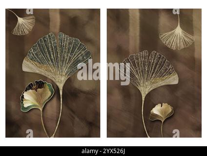 Realistische goldene, braune Rosenblüten, Busch weiß und Blattgold Zweige und filmische Beleuchtung auf Malhintergrund. 3D Wandrahmen digital AR Stockfoto