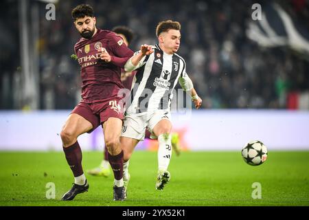 Josko GVARDIOL von Manchester City und Francisco CONCEICAO von Juventus während des Fußballspiels der UEFA Champions League, League Phase MD6 zwischen Juventus FC und Manchester City FC am 11. Dezember 2024 im Allianz Stadium in Turin, Italien - Foto Matthieu Mirville (A Gandolfo) / DPPI Stockfoto