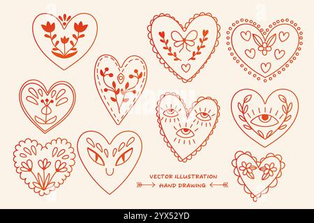 Set handgezeichneter Herzen mit Ornamenten innen, Doodle Stock Vektor