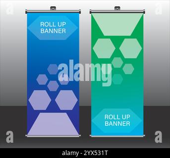 Vertikales Design für Banner mit Aufrollbanner für Broschüren, Business, Flyer und Infografiken. Moderne X-Banner- und Flaggenbanner-Werbung, Polygon-Design Stock Vektor