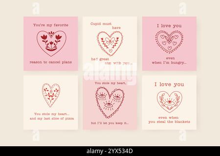Set Liebeskarten, für Valentinstag, handgezeichnete Herzen mit Ornamenten innen, lustiger Text Stock Vektor