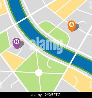Stadtplan einer imaginären Stadt mit einem Fluss und drei Pins. Vektorabbildung. Stock Vektor