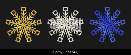 Glitzernde Schneeflocken auf dunklem Hintergrund. Set aus drei goldenen, silbernen und blauen Glitzer-Schneeflocken. Dekorationselemente für Weihnachten und Neujahr. Vektorillu Stock Vektor
