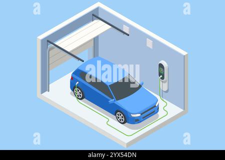 Isometrische blaue Autoladung in einer Garage, die mit einem Ladegerät für Elektrofahrzeuge ausgestattet ist. Eine saubere und umweltfreundliche Einrichtung für modernen Transport Stock Vektor