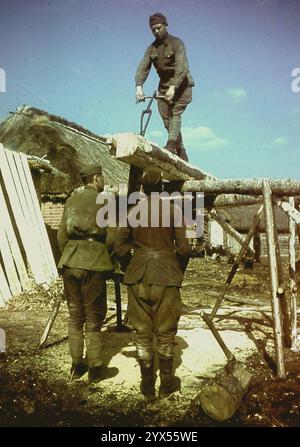 Russische Gefangene bereiten Holz für den Bau von Unterkünften in einer Station in der Nähe von Makarowa vor. Im Bereich der 110. Infanteriedivision im zentralen Abschnitt der Ostfront. [Automatisierte Übersetzung] Stockfoto