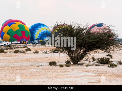 Doha, Katar. Dezember 2024. Die Teilnehmer bereiten einen Heißluftballon während des Qatar Balloon Festival 2024 in Doha, Katar, am 13. Dezember 2024 vor. Die 5. Ausgabe des Qatar Balloon Festivals findet hier vom 12. Bis 22. Dezember statt, an dem mehr als 50 Teilnehmer teilnehmen. (Foto: Noushad Thekkayil/NurPhoto) Credit: NurPhoto SRL/Alamy Live News Stockfoto