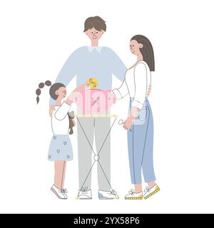 Familie mit Kind spart Geld für neues Haus und Wohnungskauf. Investition, Finanzmanagement einfache flache Zeichentrickvektorillustration. Schweinebanken Stock Vektor