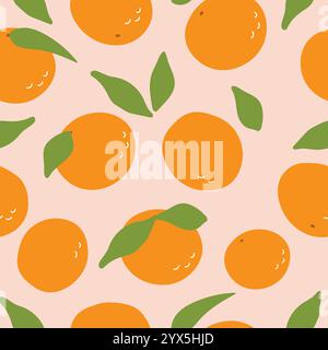 Nahtloses Muster mit leckeren Orangen und ihren Blättern auf hellem Hintergrund Stock Vektor