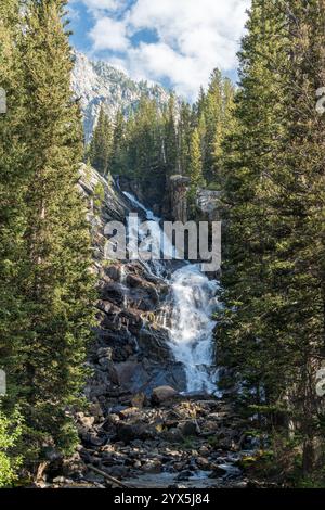 Panoramablick auf die Grand Teton Range vom Jenny Lake in Wyoming Stockfoto