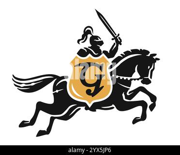 Ritter in Rüstung mit Schild und Schwert zu Pferd. Markenlogo-Firma. Symbol für Sicherheit, Sicherheitsemblem Stock Vektor