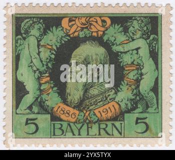 BAYERN — 10. Juni 1911: 5 pfennig grün, gelb und schwarz Briefmarke mit Porträt des Prinzen Regenten Luitpold beim Silbernen Jubiläum. Luitpold Karl Joseph Wilhelm Ludwig, Prinzregent von Bayern (12. März 1821 – 12. Dezember 1912), war von 1886 bis 1912 de facto Herrscher über Bayern, als Regent für seine Neffen Ludwig II. Und König Otto. Seine Regentschaft entstand aufgrund der geistigen Unfähigkeit seiner Neffen Stockfoto