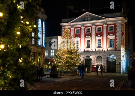 PST HELEN'S SQUARE, YORK, GROSSBRITANNIEN - 10. DEZEMBER 2024. Historische Architektur des York Mansion House hinter dem festlichen Weihnachtsbaum in St. Helen's Stockfoto