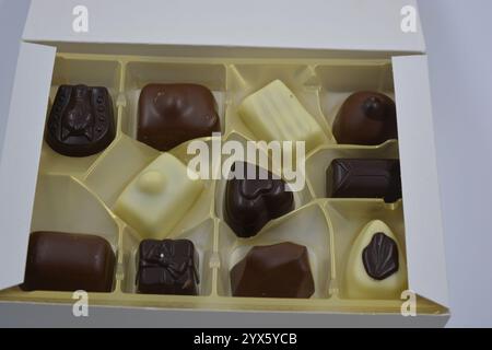 Wunderschöne belgische Schokolade aus weißer, Milch- und Zartbitterschokolade. Große leckere Süßigkeiten mit verschiedenen Füllungen sind in goldenem Kunststoff angeordnet. Stockfoto