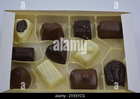 Wunderschöne belgische Schokolade aus weißer, Milch- und Zartbitterschokolade. Große leckere Süßigkeiten mit verschiedenen Füllungen sind in goldenem Kunststoff angeordnet. Stockfoto