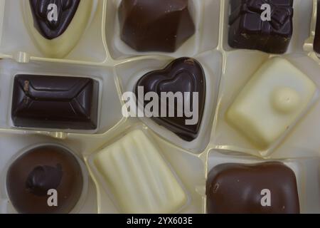 Wunderschöne belgische Schokolade aus weißer, Milch- und Zartbitterschokolade. Große leckere Süßigkeiten mit verschiedenen Füllungen sind in goldenem Kunststoff angeordnet. Stockfoto