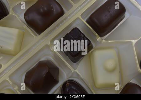 Wunderschöne belgische Schokolade aus weißer, Milch- und Zartbitterschokolade. Große leckere Süßigkeiten mit verschiedenen Füllungen sind in goldenem Kunststoff angeordnet. Stockfoto