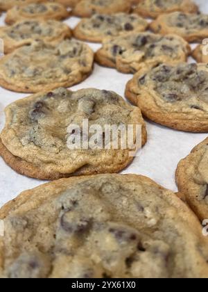 Frisch gebackene Schokoladen-Chip-Cookies auf Pergamentpapier Stockfoto