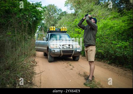 Ein Mann sucht nach Vögeln auf einer Fahrt im Geländewagen durch die Miombo-Wälder von Mhpingwe, Provinz Sofala, Mosambik, bekannt für viele besondere Arten Stockfoto