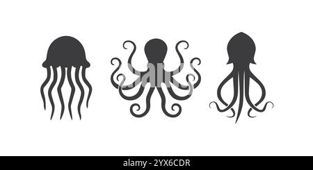 Flache Vektor-Silhouette Illustration von Meeresbewohnern wie Tintenfisch, Tintenfisch und Quallen auf weißem Hintergrund Stock Vektor