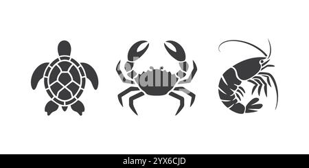 Vektorsatz mit schwarzen Silhouette-Marineklikonen mit einer Schildkröte, Krabbe und Garnelen auf weißem Hintergrund Stock Vektor
