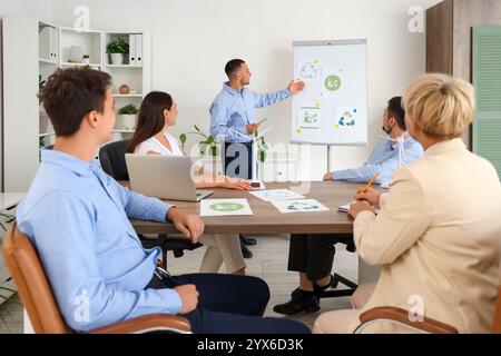 Männlicher Ingenieur mit Recyclingschildern, die seinen Kollegen im Büro eine Präsentation geben Stockfoto