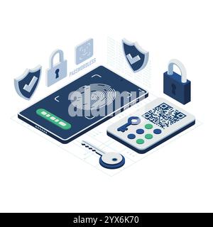 Isometrische, passwortlose Authentifizierung mit biometrischer Sicherheit. Konzept Der Passwordless Authentication Technology Stock Vektor