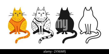 Lustiges Zeichentrickset mit fetten Katzen. Abstrakte, handgezeichnete Comic-Kätzchen lineare Ikone. Stilisierte Kinderkollektion für Haustiere. Signiere Doodle oder Silhouette Funny Cat für Logo-Tattoo. Vektorabbildung Stock Vektor