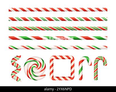 Weihnachtliches Zuckerrohr-Set. Nahtlose, geradlinige Linien mit sich wiederholendem Weihnachtsstreifen-Lutscher-Muster. Süßigkeiten-Ornament. Realistischer Comic-Vektor Stock Vektor