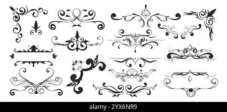 Set kunstvoller handgezeichneter Rahmen. Vintage-dekorative Elemente oder Etiketten mit Blumenmotiven und kalligrafischen Linien. Design für Branding. Flacher Vektor Stock Vektor