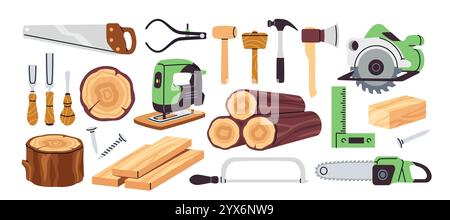 Zimmerei-Artikel-Set. Ikonen mit Holzbearbeitungswerkzeugen, Baumstämmen, gehackten Brettern, Holzbalken und Hartholzstümpfen. Elektrische Säge und Axt. Cartoon-Vektor Stock Vektor