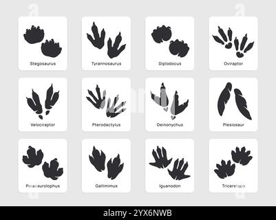 Dinosaurier Pfoten Set. Paläontologie-Ikonen mit schwarzem Dino-Profil oder Eidechsenfußabdruck. Pfotenformen alter Tiere und Kreaturen. Flacher Vektor Stock Vektor