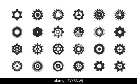Zahnradsatz. Einfache Symbole mit schwarzen Silhouetten von Zahnrädern, Schrauben und Zahnrädern. Setup- oder Wartungssymbol. Designelement für App oder Website. Flach Stock Vektor