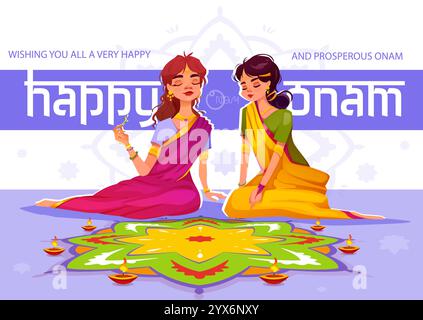 Happy kerala Festival. Farbenfrohe Grußkarte mit Frauen in traditioneller indischer Kleidung, die Puokalam machen. Design für Happy Onam Celebration. Cartoon Stock Vektor