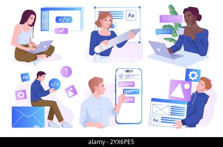 Softwareentwicklung. Eine Gruppe von Programmierern, Webdesignern und Ingenieuren, die Code schreiben und digitale Produkte oder Websites erstellen. Cartoon Stock Vektor