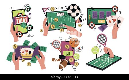 Gruppe von Personen, die online auf Sport wetten. Charaktere Hände halten Smartphones und spielen Glücksspiel. Wetten auf Fußball und Tennis bei Buchmachern Stock Vektor