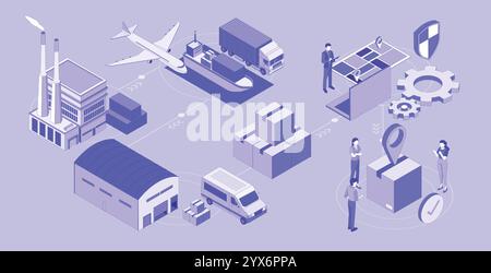 Lieferkette. Banner mit Phasen der globalen Logistik und des Handels. Produktion, Lieferung, Lagerung im Lager und Verteilung von Paketen. Isometrisches 3D Stock Vektor