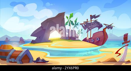 Landschaft mit Pirateninsel. Banner mit Schatzkiste am Sandstrand der tropischen Insel inmitten des Ozeans. Piratenschiff aus Holz mit Schwarz Stock Vektor
