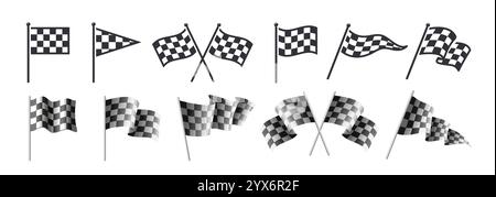Symbolsatz für die Rennfahne. Flache und realistisch schwenkende Karomuster-Flaggen für Sportwettbewerbe, Rennen und Turniere. Designelemente für App. Vektor Stock Vektor