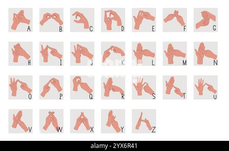 Britisches Alphabet in Gebärdensprache. Lehrbanner mit Händen, die verschiedene Gesten zeigen, die Buchstaben kennzeichnen. Menschen mit Hör- und Sprachstörungen Stock Vektor