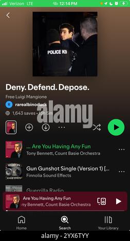 13. Dezember 2024, New York City, New York, USA: Playlist der Musik-App Spotify beeinflusst von Luigi Mangione, dem angeblichen Shooter von Brian Thompson, CEO von United Healthcare. (Kreditbild: © Billy Tompkins/ZUMA Press Wire) NUR REDAKTIONELLE VERWENDUNG! Nicht für kommerzielle ZWECKE! Stockfoto