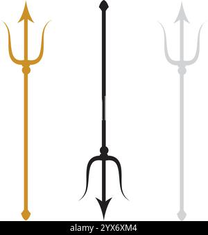 Set mit Trident-Symbolen in Gold, Silber und Schwarz. Devil Pitchfork-Sammlung isoliert. Dämon-Tridentalspeer. Flache und minimale Vektordarstellung Stock Vektor